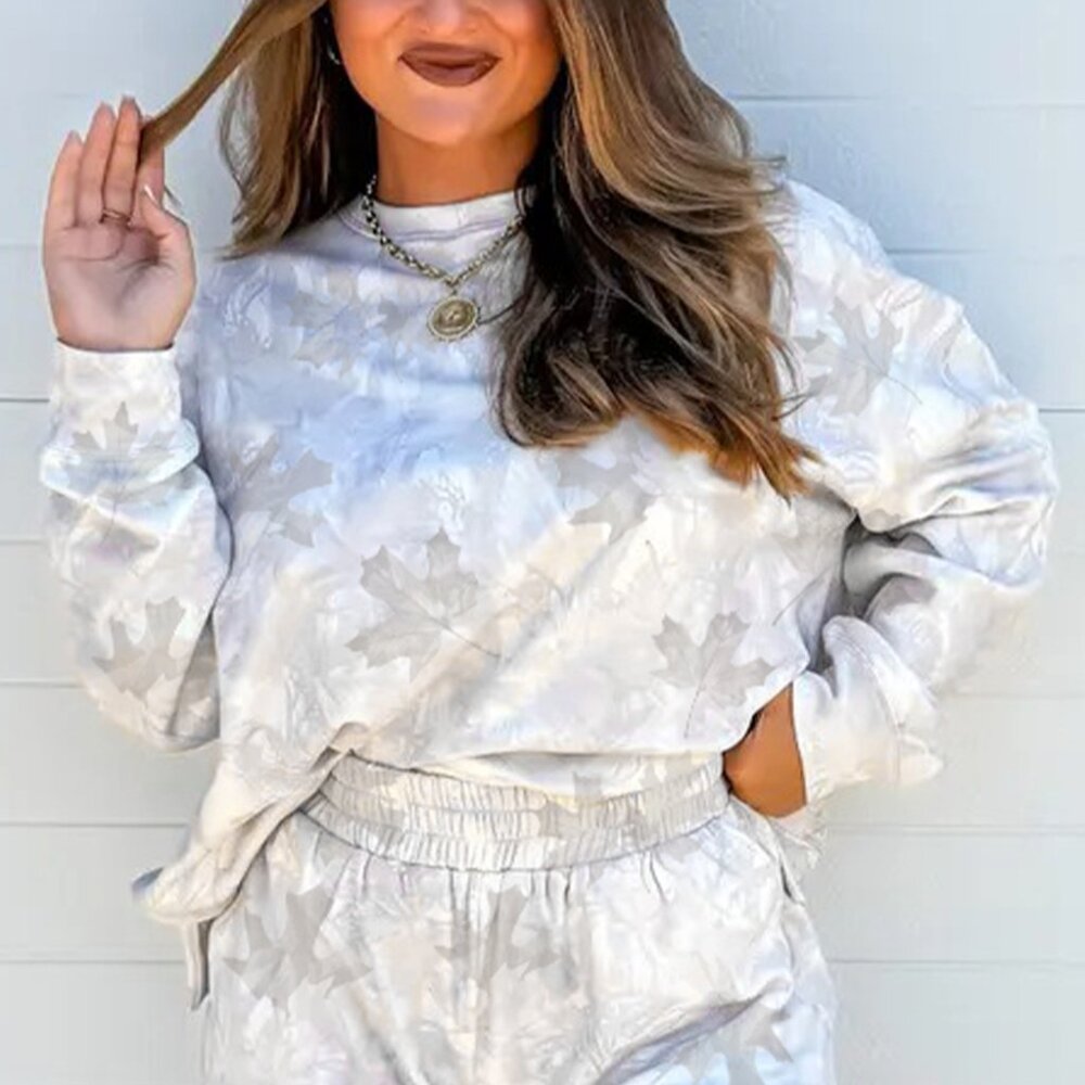 B342 Maple Camo Print Pullover Top and Elastic Waist Casual Short Set - Picture 7 of 8
